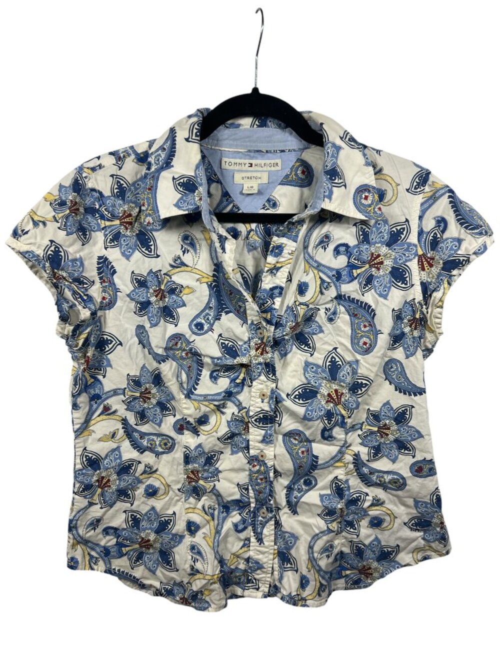 Tommy Hilfiger Top Womens Large Button Down Short Sleeve Stretch Beach Coastal